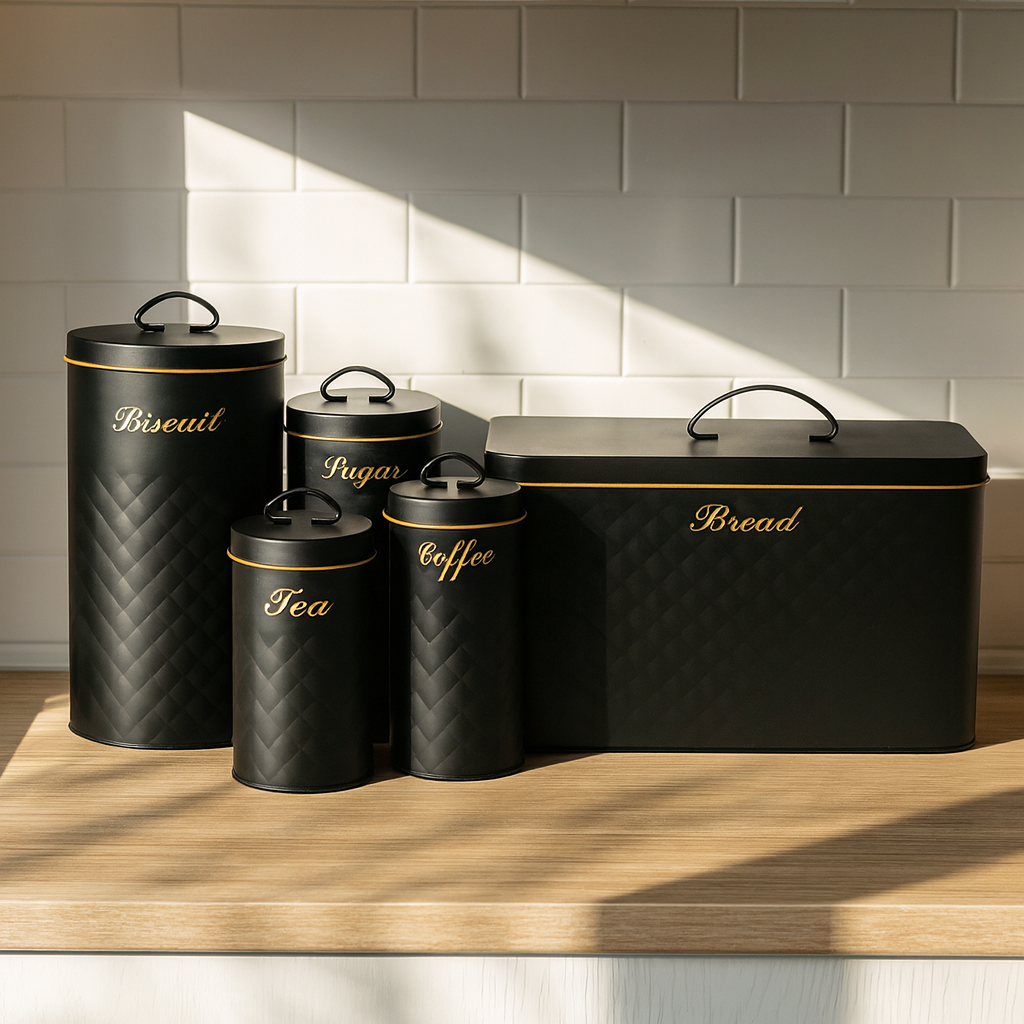 5 Pcs Breadbox & Metal Kitchen Jar Set