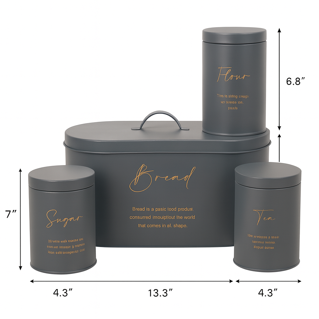 4-Piece Metal Bread Box and Canister Set - Grey