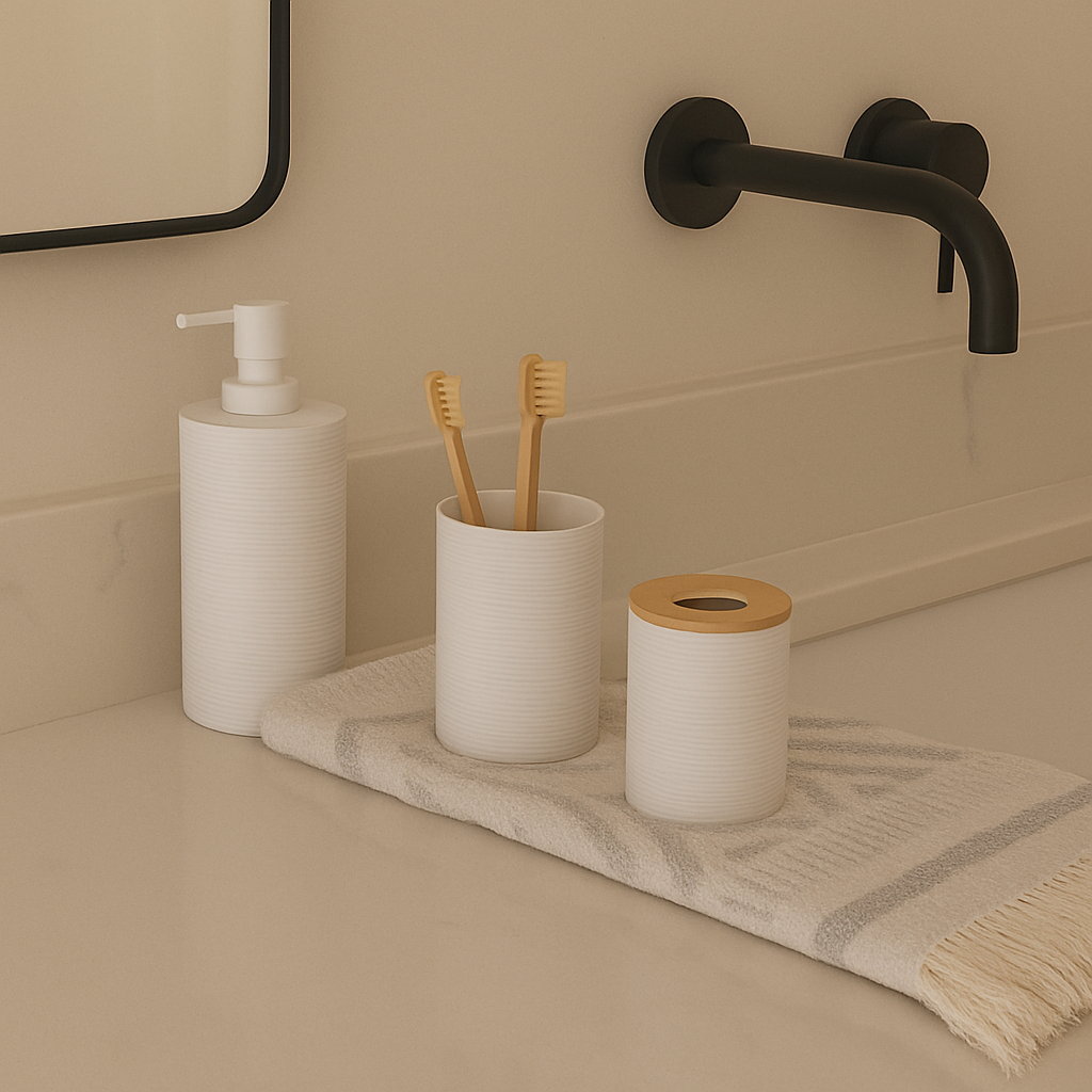 Luxury Modern White Bathroom Accessory Set with Bamboo Accents