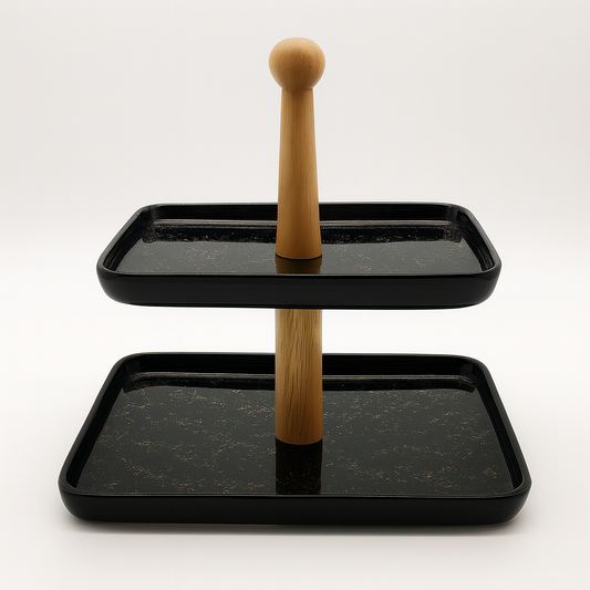 Two Tier Black Serving Tray With Wooden Stand
