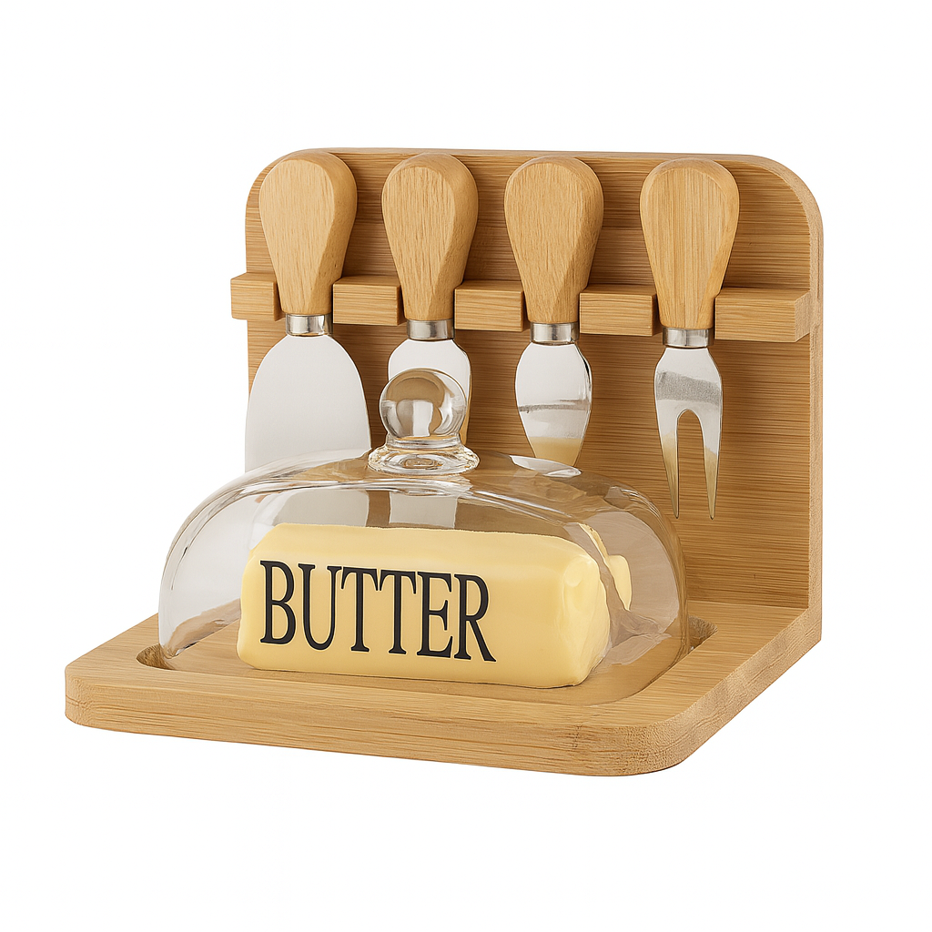 Butter Dish and Cheese Knife Set with Bamboo Base and Glass Lid Premium Quality