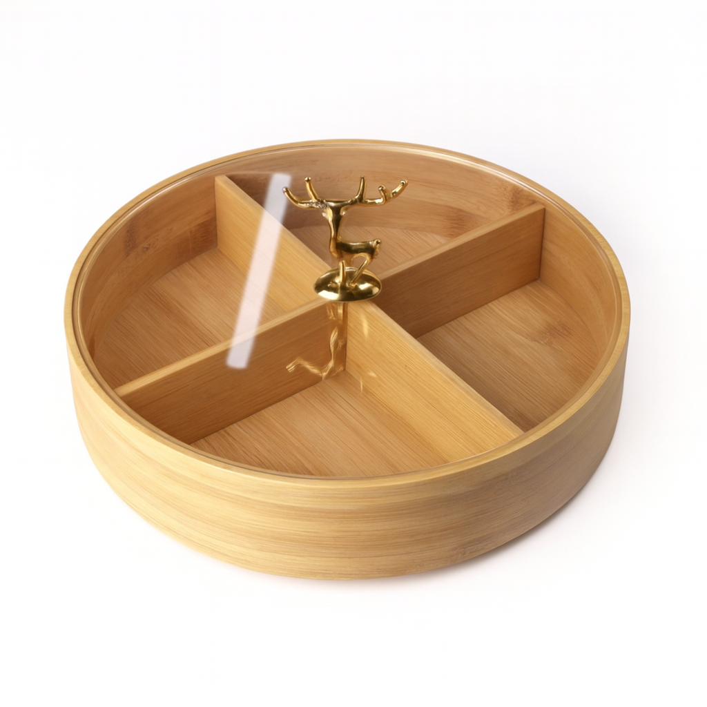 Round Wooden 4 Portion Dry Fruit Box with Lid