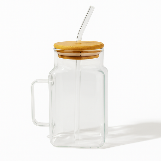 Square Glass Tumbler With Glass Straw