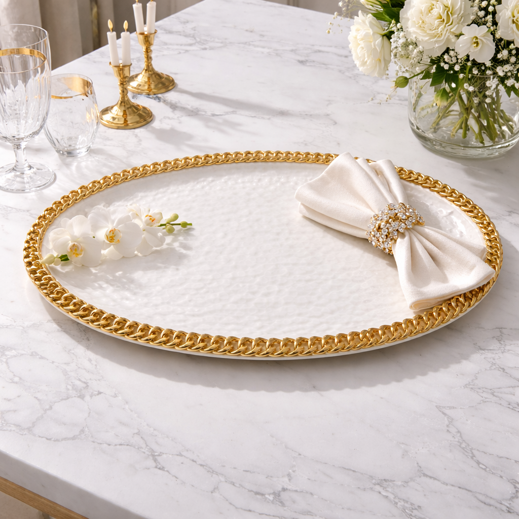 Luxury 16" Porcelain Platter – Gold Chain Rim Oval Serving Tray