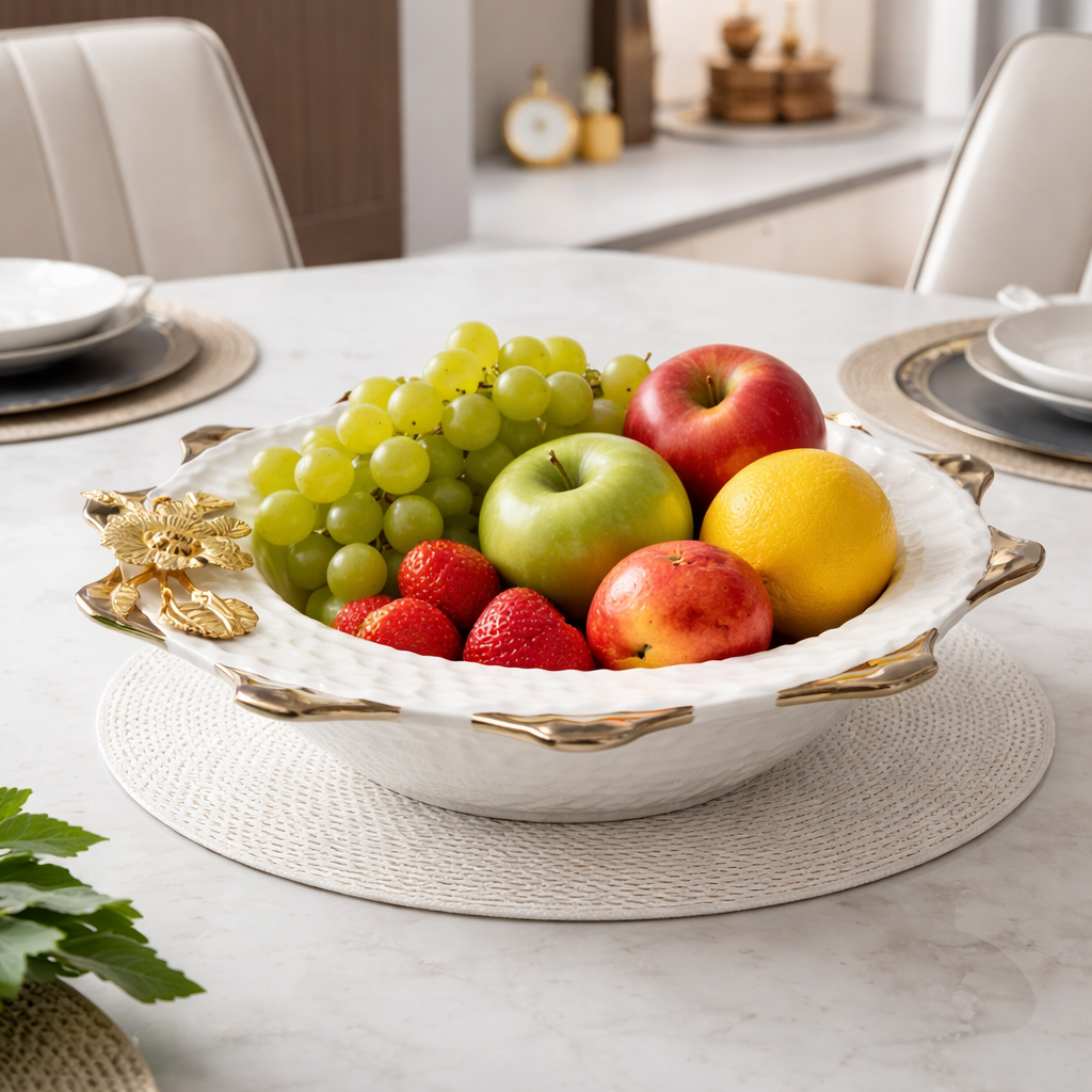 12" Luxury Ceramic Fruit Bowl with Gold Floral Design