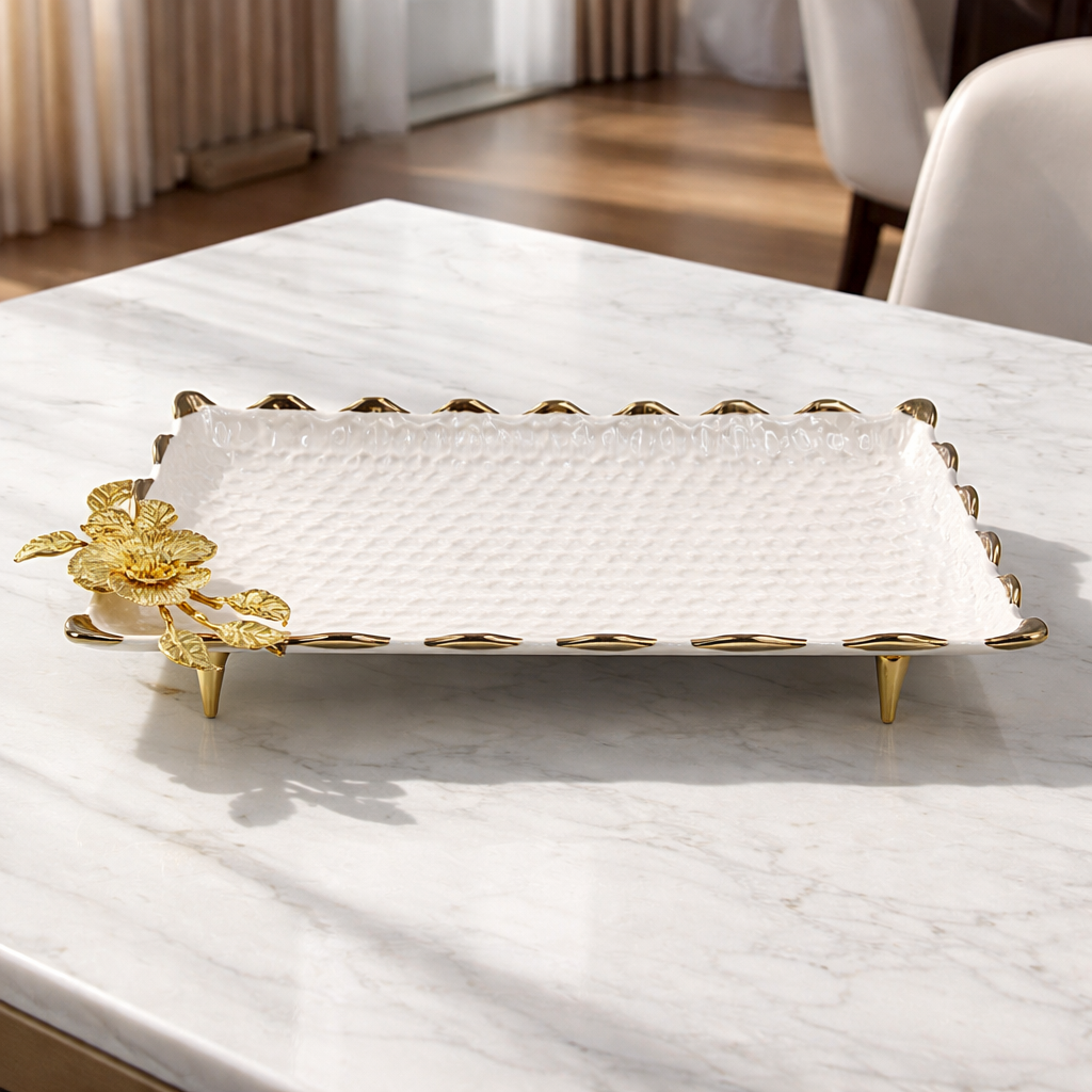 15" Ceramic Serving Plate with Gold Design