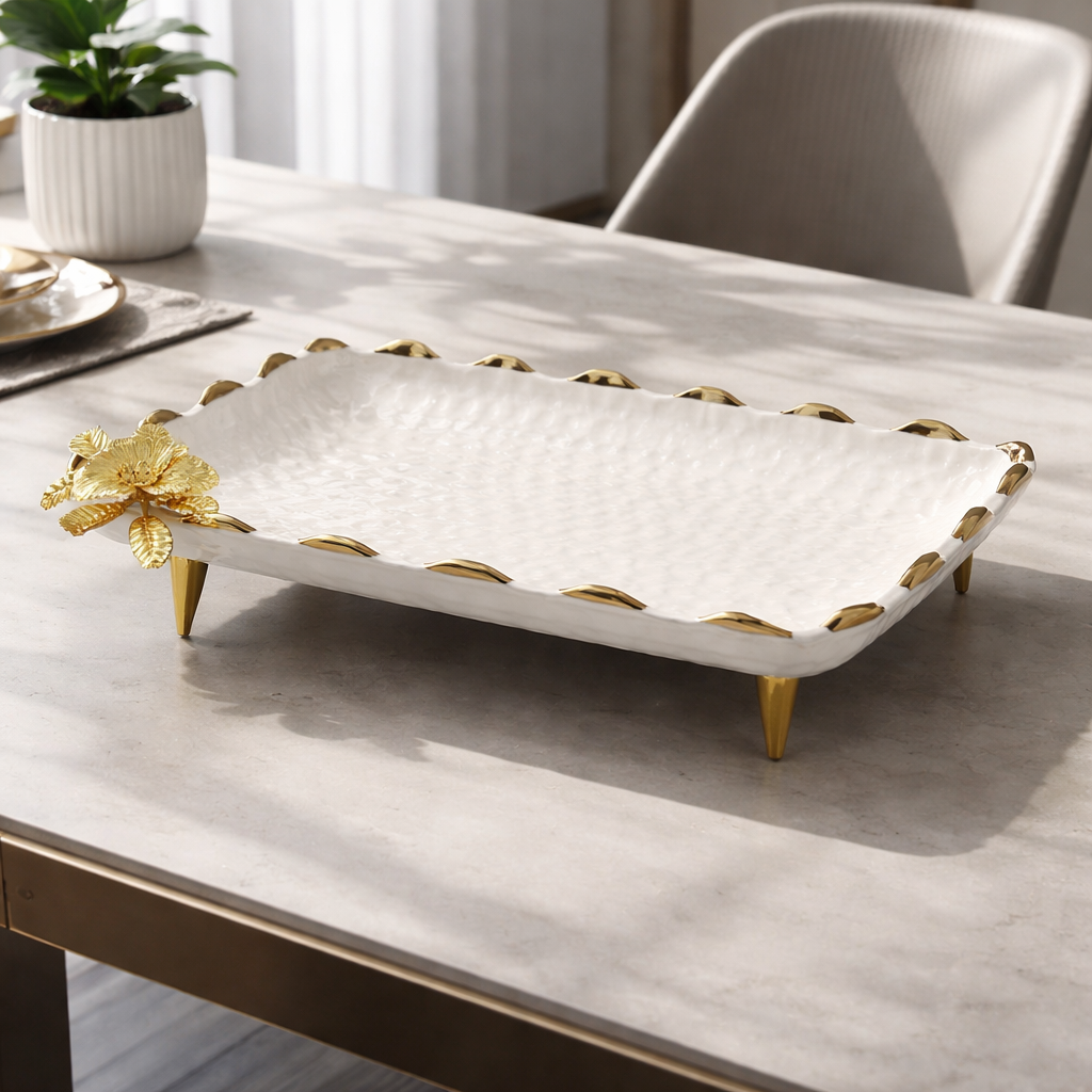 12" Luxury Ceramic Dry Fruit Serving Plate with Gold Design
