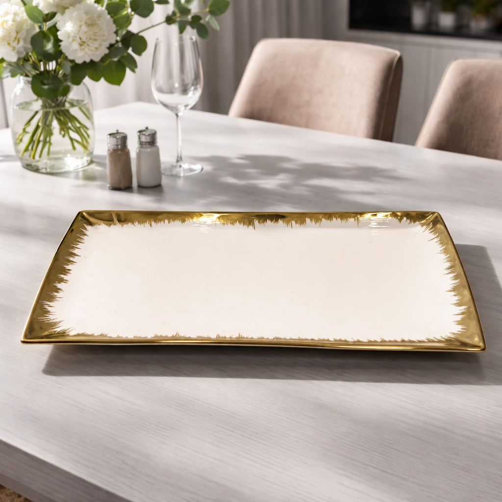 15.75" Premium Luxury Porcelain Serving Plate – Gold Rim Rectangular Platter