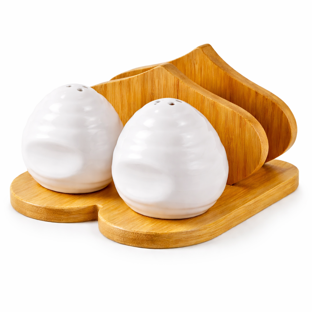 Ceramic Round Salt & Pepper Shaker Set with Wooden Holder