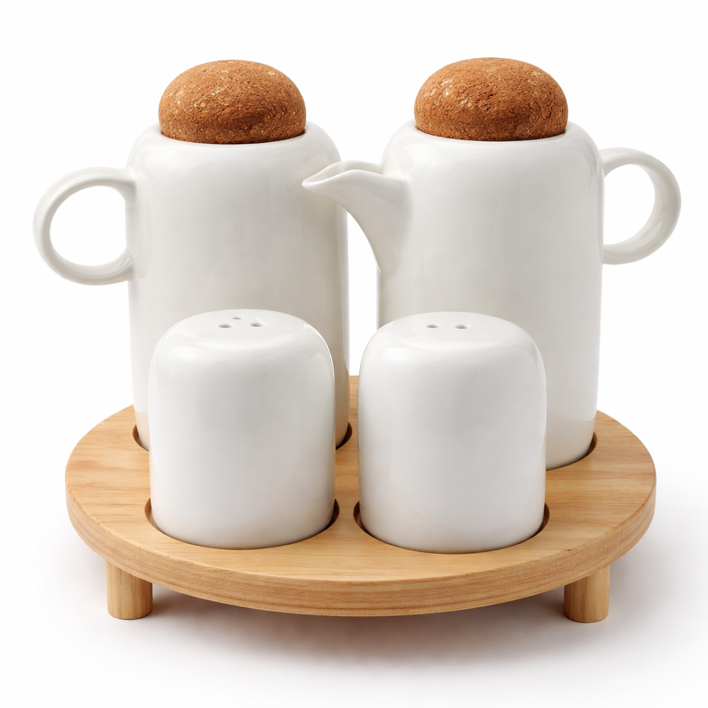 4-Piece Ceramic Oil & Spice Set with Wooden Tray
