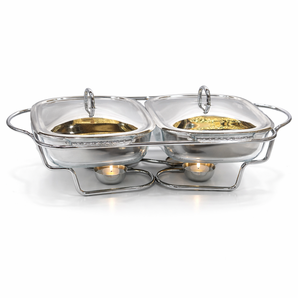 Stainless Steel Double Chafing Dish with Pyrex Glass – 2 Section Buffet Food Warmer