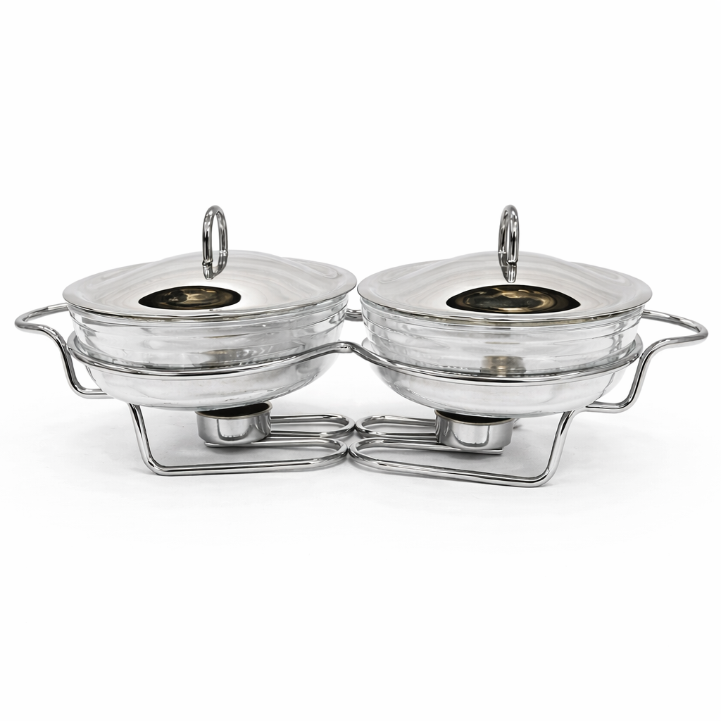 2 in 1 Round Food Warmer 1.5L Each Bowl Stainless Steel Buffet Serving Set Dish