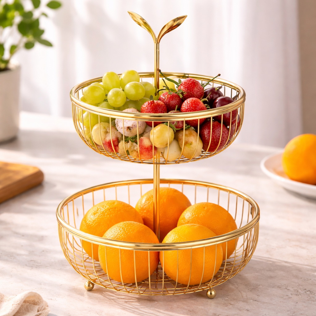 Luxury 2-Tier Gold Fruit Basket