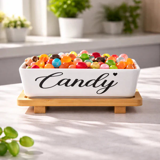 Sweet Ceramic Candy Serving Dish with Bamboo Stand – Elegant Snack & Dessert Bowl 1 PC