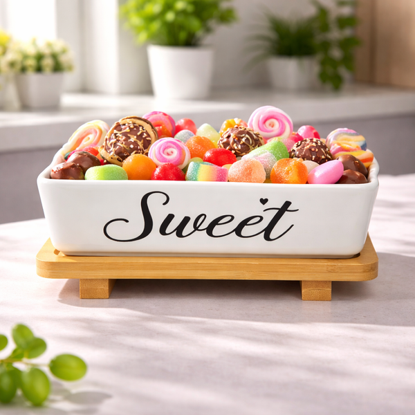 Sweet Ceramic Candy Serving Dish with Bamboo Stand – Elegant Snack & Dessert Bowl 1 PC
