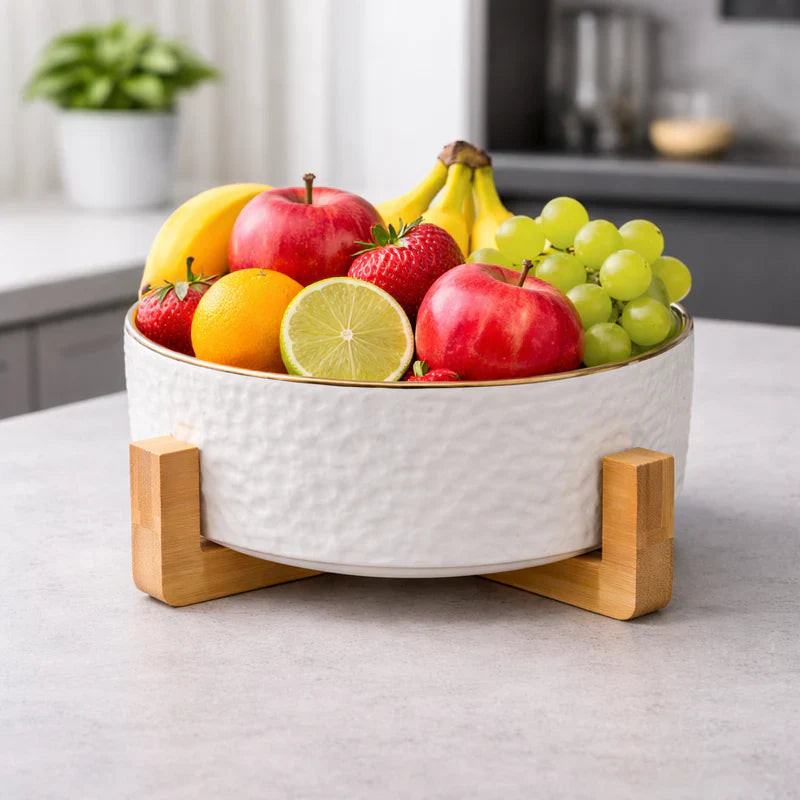 Premium Golden line Ceramic Fruit Bowl with Wooden Stand