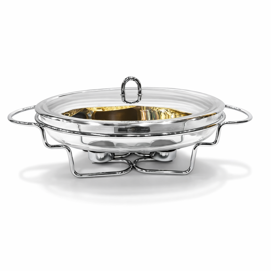 Stainless Steel Round Chafing Dish with Pyrex Glass Dish & Lid – Premium Buffet Food Warmer