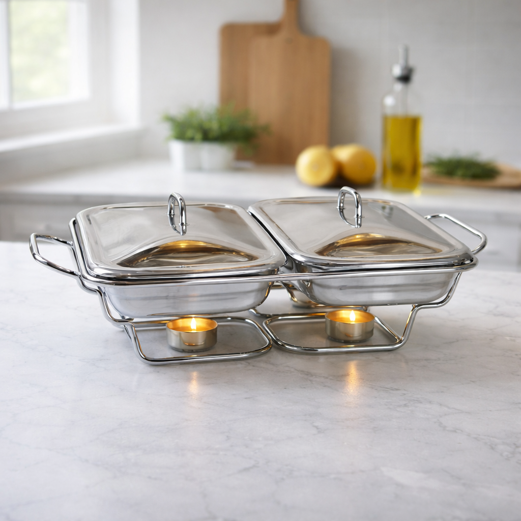 Luxury Double Glass Chafing Dish Set with Stainless Steel Stand – Elegant Food Warmer Serving Dish