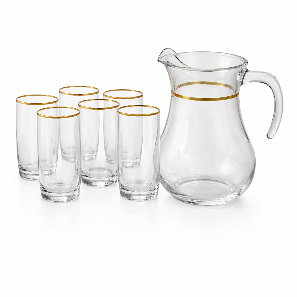 Premium Golden Turkish 7PCS Water Set – 1 Jug & 6 Gold Rim Glasses
