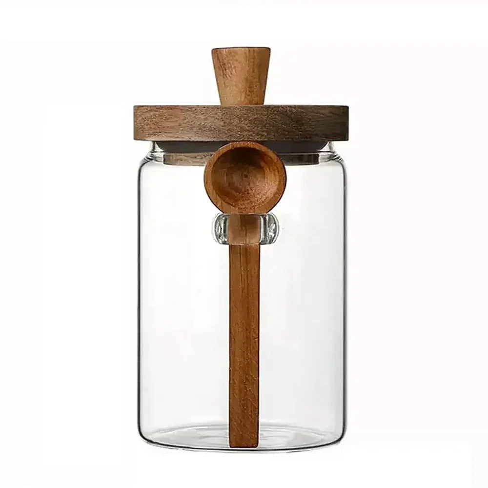 Wooden Knob Luxury Glass Jar With Spoon