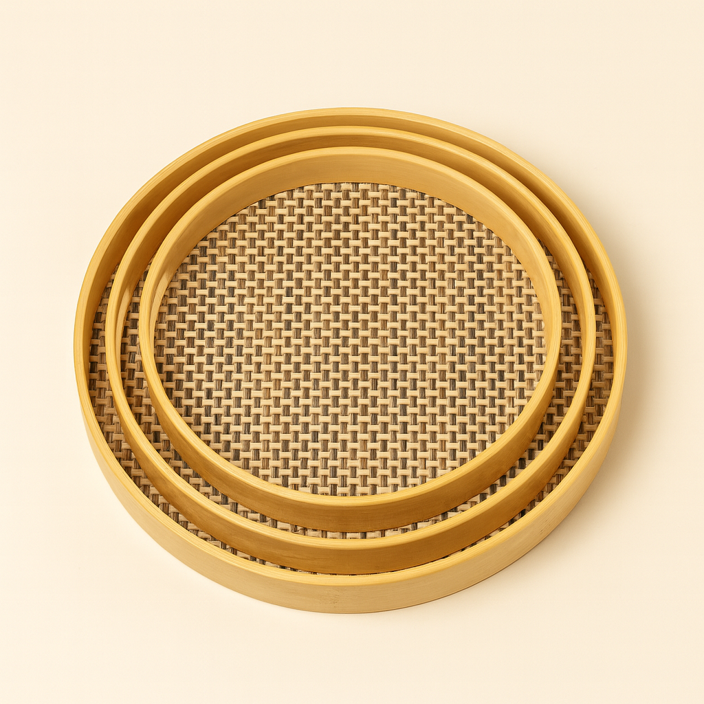3PCS Round Bamboo & Rattan Serving Tray Set