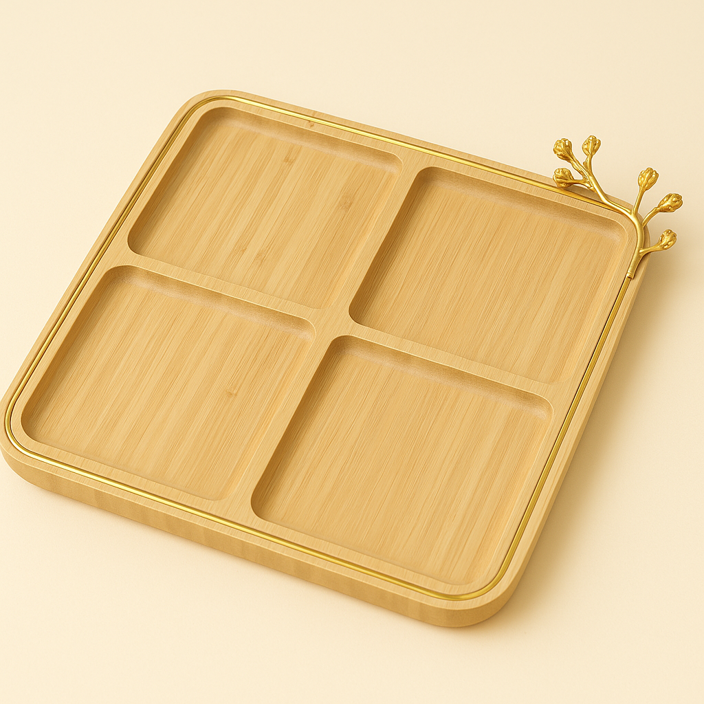 Luxury Square Bamboo Divided Portions Serving Tray With Golden Accent