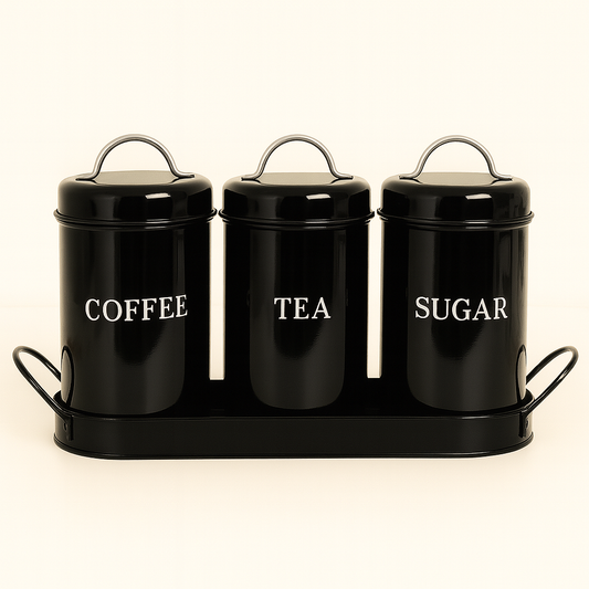 Coffee, Tea, Sugar Metal Jar Set With Tray