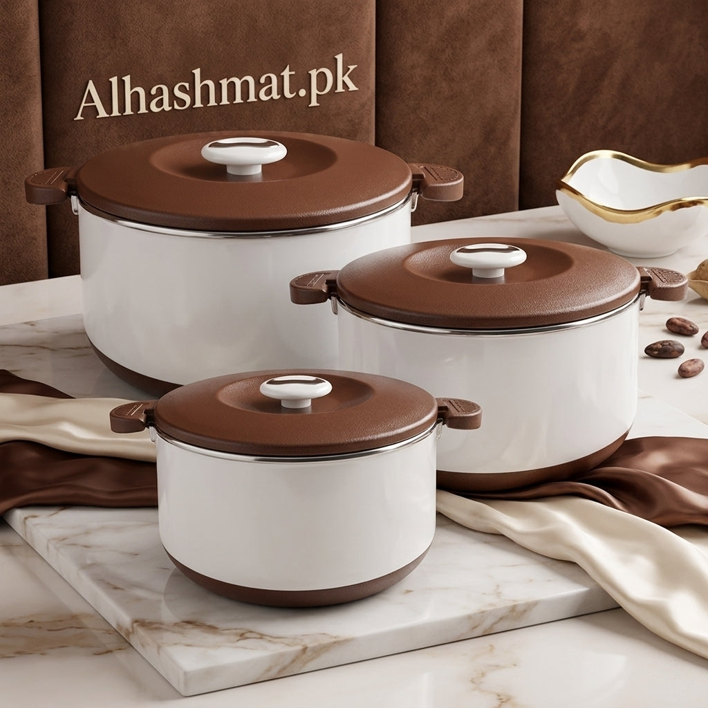 Luxury Thailand Made Set Of 3 PCS Insulated Food Warmer Hotpot - Choco Brown