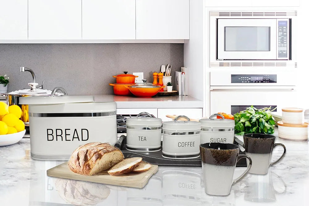 Coffee, Tea, Sugar Jars With Luxury White Breadbox