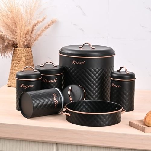 Biscuits, Tea, Coffee, Sugar Jars With Serving Tray & Elegant Bread Box 6 PCS Set – Black (Premium Kitchen Storage)