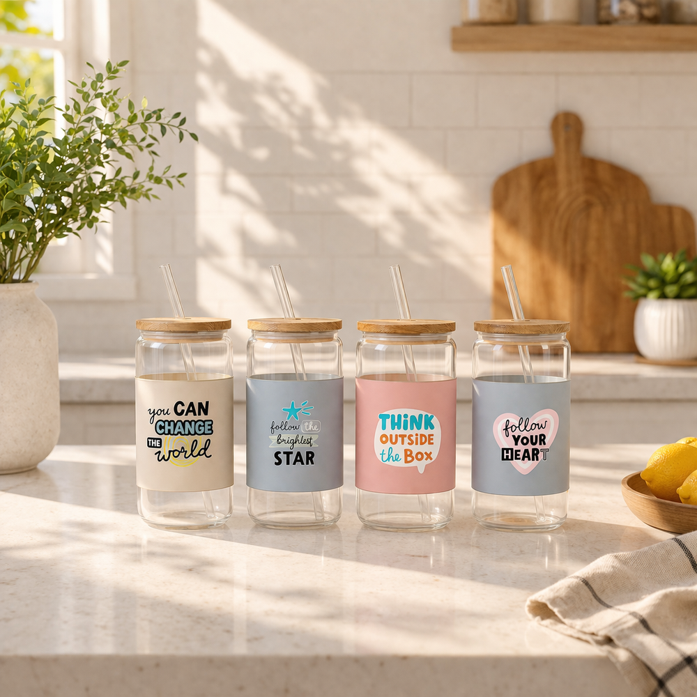 Clear Glass Tumbler With Straw & Bamboo Lid 450ml