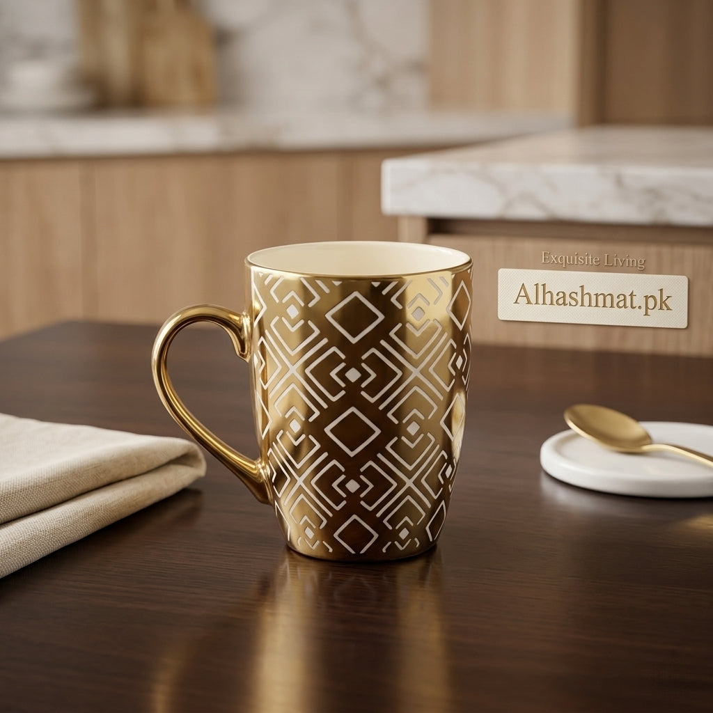 Geomatric Design Luxurious Porcelain Gold Handle Mug
