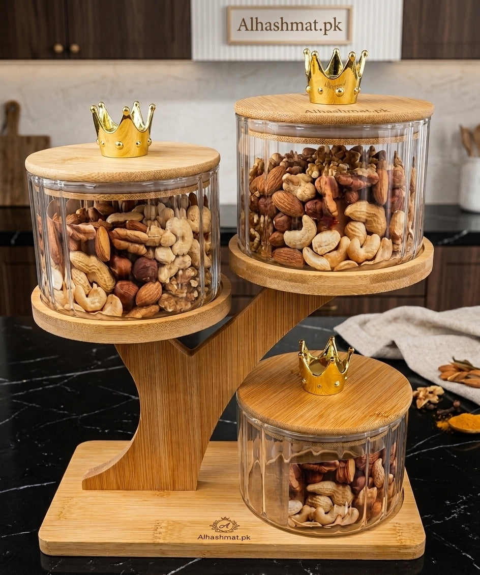 3 PCS Glass Jar Set with Airtight Lids & Wooden Tray For Snack Serving & Dry Fruits, Kitchen, Dinning Table, Home Decor (500 ML)