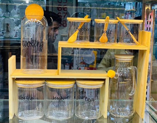 Premium Glass & Bamboo Kitchen Organizer Set – Elegant Storage Solution | Alhashmat.pk