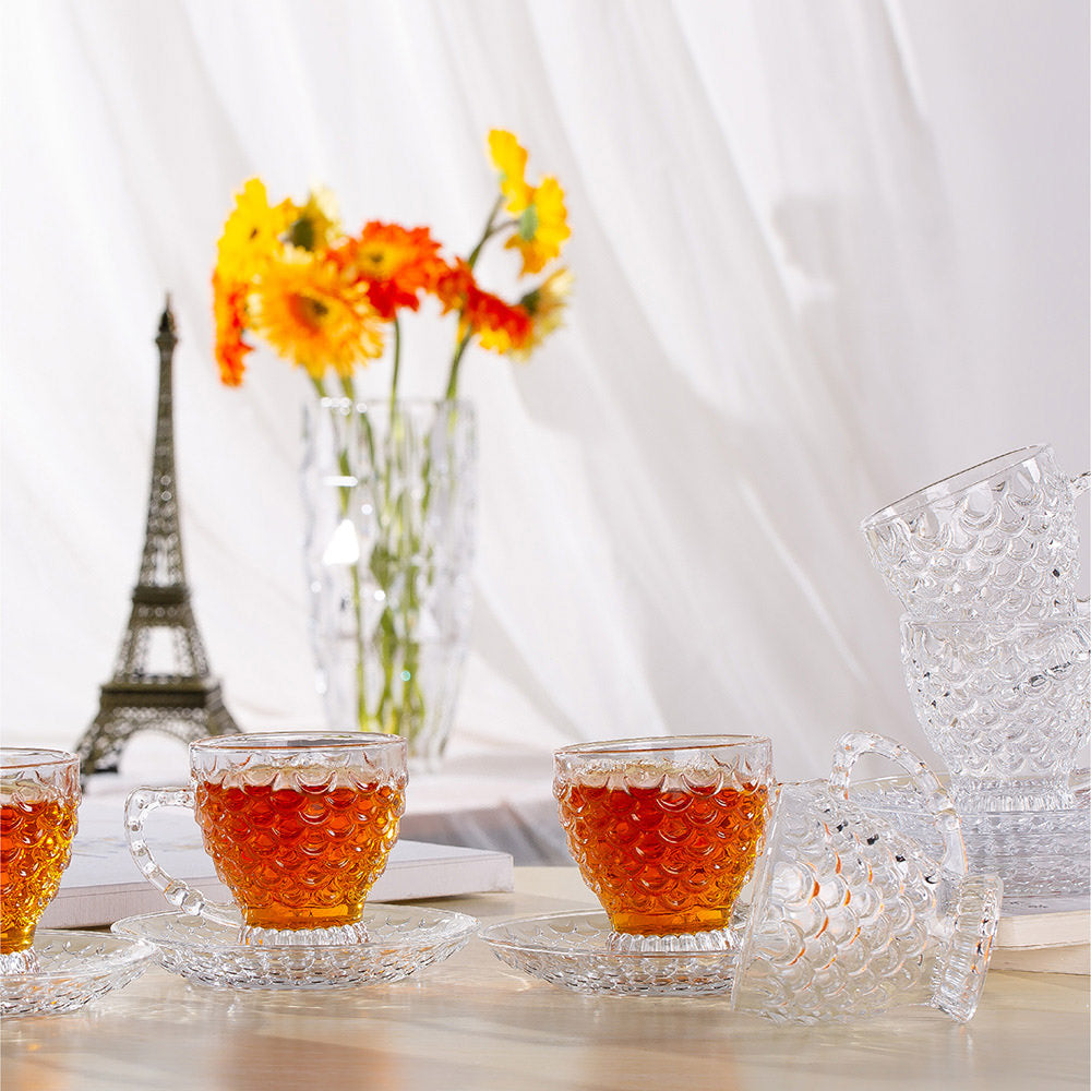 Textured Transparent Glass Tea Set Of 12 Pieces With Saucer Plate