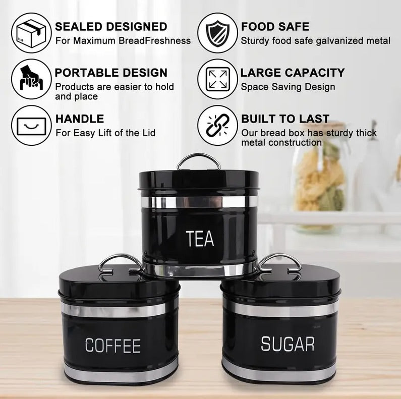 Coffee, Tea, Sugar Jars With Luxury Black Breadbox