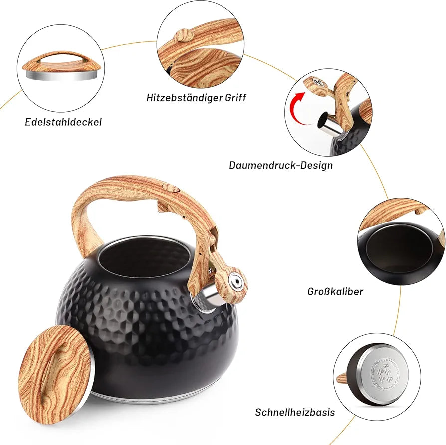Whistle Kettle With Wooden Handle Triple Bottom By Haus Roland, Stainless Steel Teapot for Stovetop 3liter