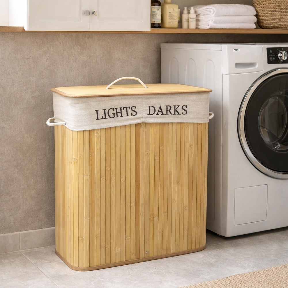 Light & Dark Clothes Separator Bin Bamboo Laundry Basket - Light Brown
