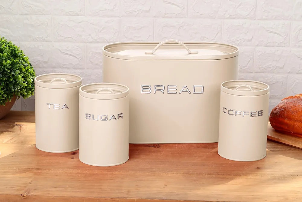 4PCS Sugar, Tea, Coffee Jar Set With Elegant Metal Breadbox - Beige