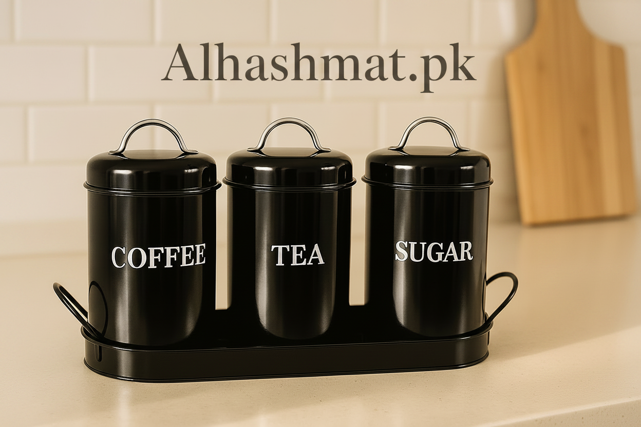 Coffee, Tea, Sugar Metal Jar Set With Tray