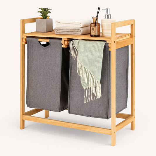 Bamboo Laundry Hamper With Dual Compartments Grey Color