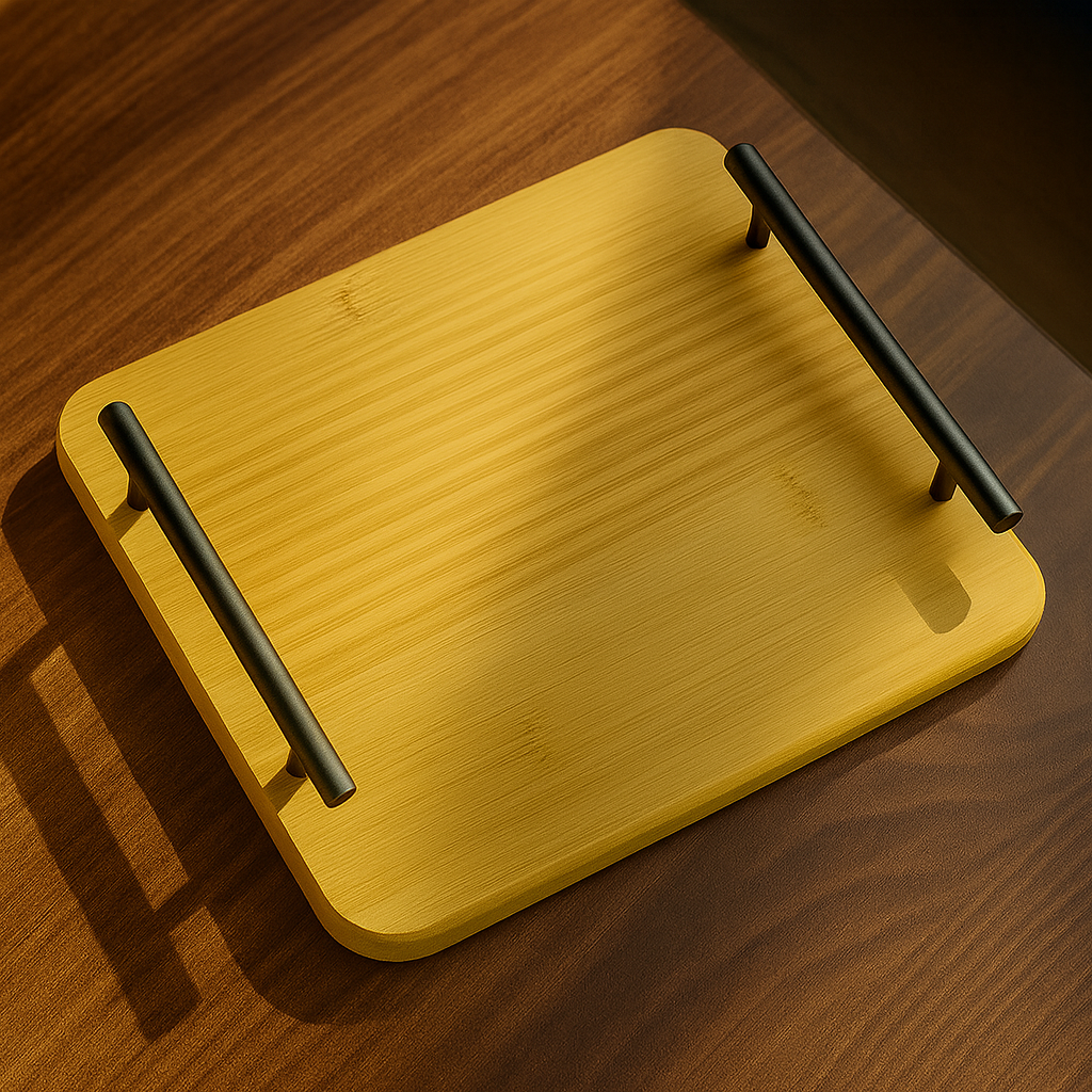 2-Piece Bamboo Serving Premium Tray Set with Black Metal Handles