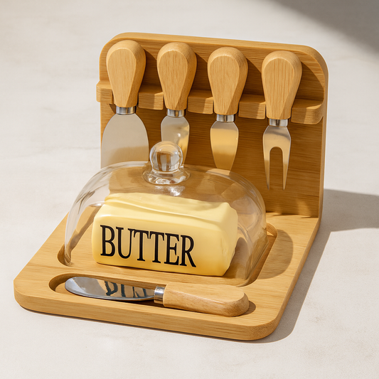 Butter Dish and Cheese Knife Set with Bamboo Base and Glass Lid Premium Quality