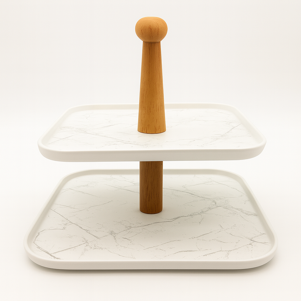 Two Tier White Serving Tray With Wooden Stand