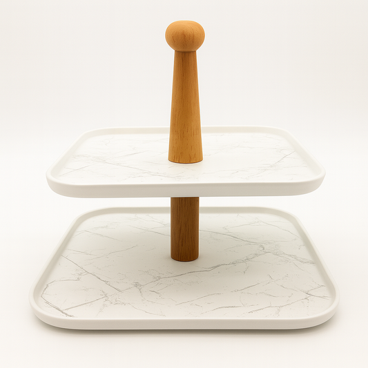 Two Tier White Serving Tray With Wooden Stand