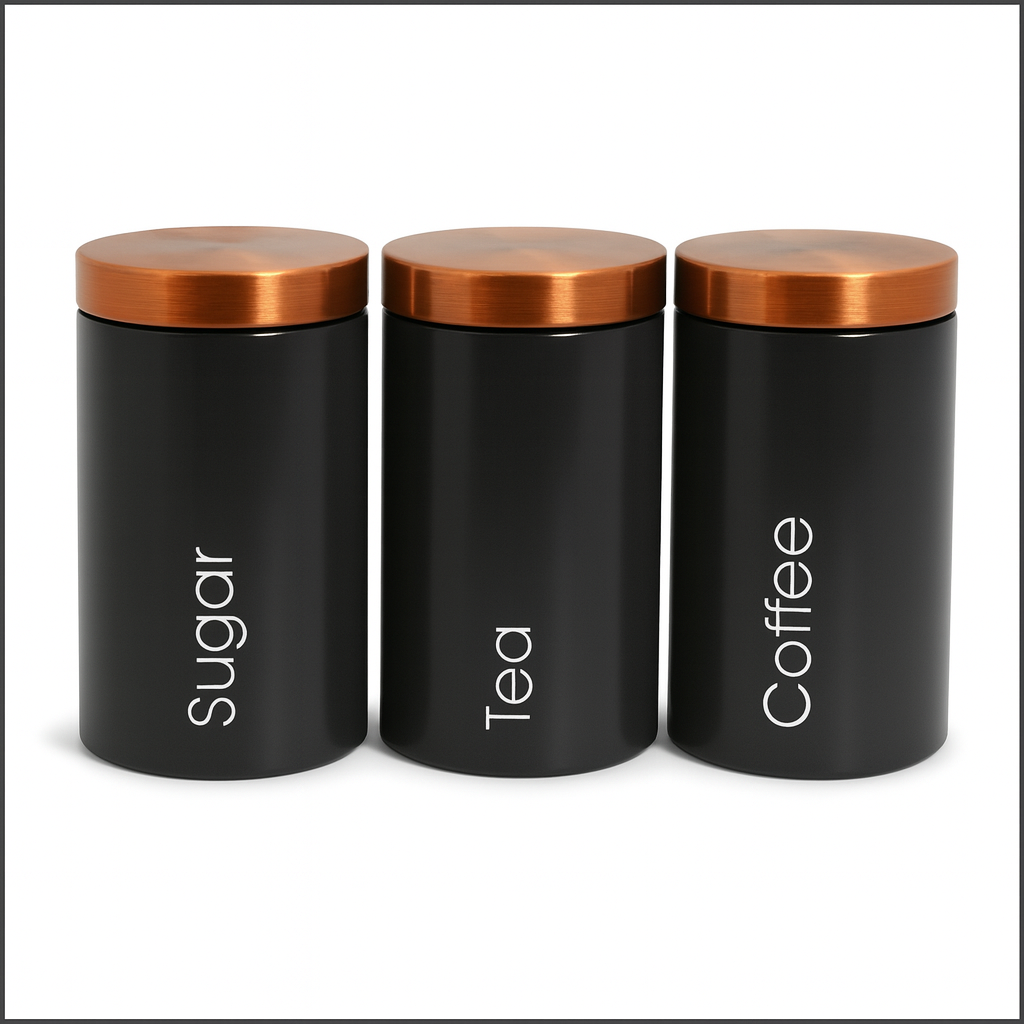 3 Pcs Coffee, Sugar, Tea Matte Black Metal Kitchen Storage Canisters