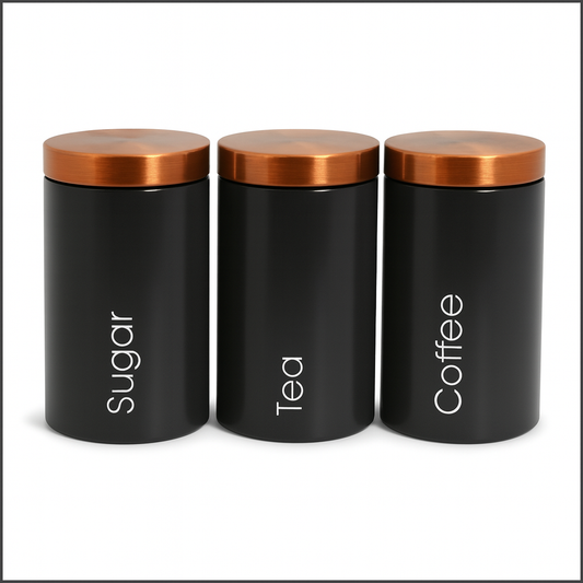 3 Pcs Coffee, Sugar, Tea Matte Black Metal Kitchen Storage Canisters