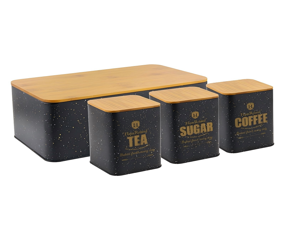 HausRoand Luxury Bread Box With 3 PCS Jar Set - Black