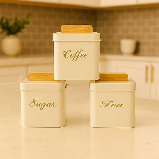 Coffee, Sugar & Tea Square Metal Sugar Canister Set with Bamboo Lids - White