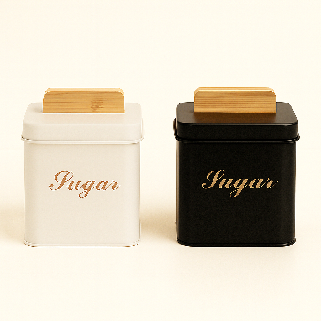 Sugar, Coffee & Tea Square Metal Sugar Canister Set with Bamboo Lids - Black